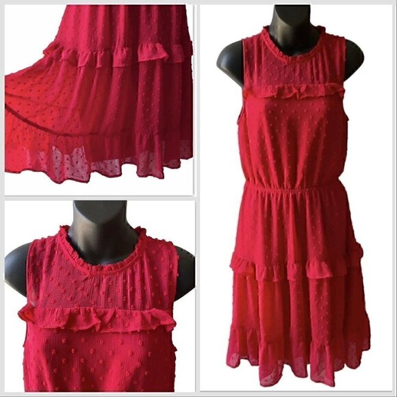 Summer Floral Dots Sleeveless Tiered Ruffle Neck Flowy Red Dress Womens M - Picture 1 of 12